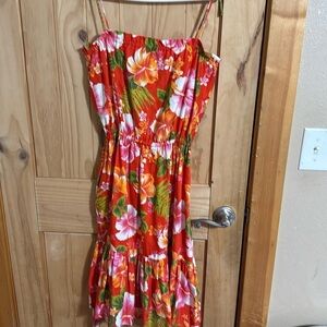 Vintage Paradise Hawaii Floral Red Sundress with Tie Waist